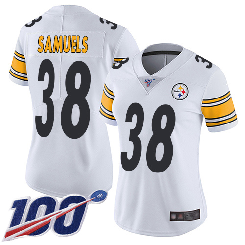 Women Pittsburgh Steelers Football #38 Limited White Jaylen Samuels Road 100th Season Vapor Untouchable Nike NFL Jersey